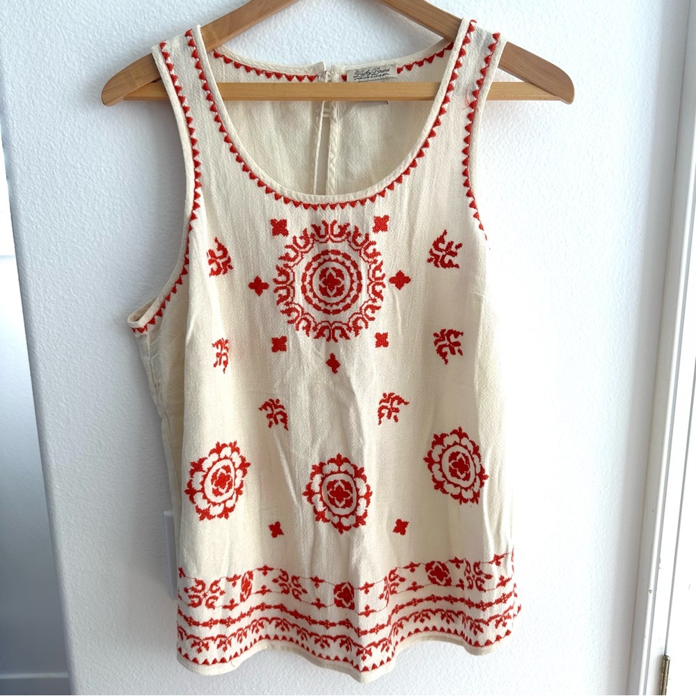 Lucky Brand Boho Embroidered Henna Sleeveless Cream Tank Top with Red Motifs L